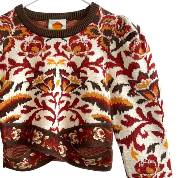 FARM Rio Cropped Floral Jacquard-Knit Sweater XS Colorful Boho Top - Picture 2 of 9